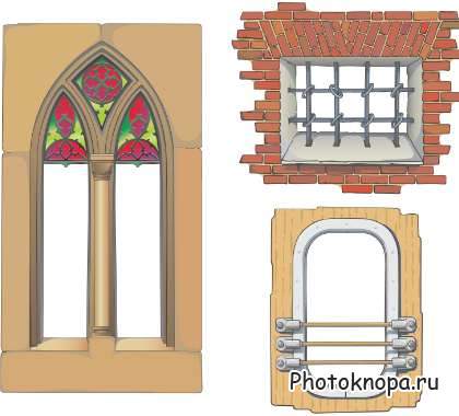 Деревянные окна в векторе, арки и рамы