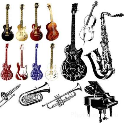 Фоны музыкальные инструменты  (гитары, скрипки, пластинки, люди) в векторе