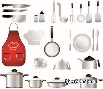 Кухонная посуда, столовые приборы и принадлежности в векторе