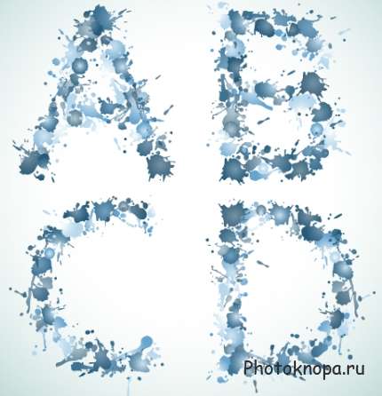 Векторный алфавит синего цвета из пятен и капель воды Векторный алфавит синего цвета из пятен и капель воды