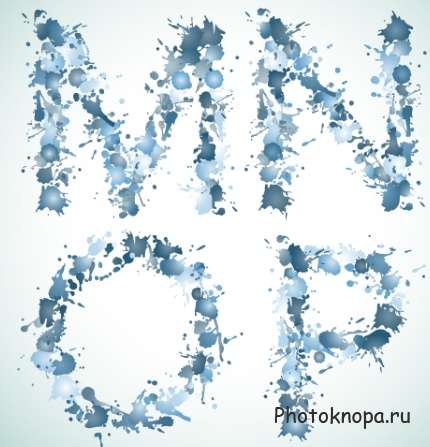 Векторный алфавит синего цвета из пятен и капель воды Векторный алфавит синего цвета из пятен и капель воды