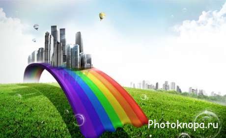 Город и радуга над зеленой травой - PSD шаблон для фотошопа