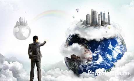 Земной шар на белых облаках и город на шаре - PSD шаблон для фотошопа