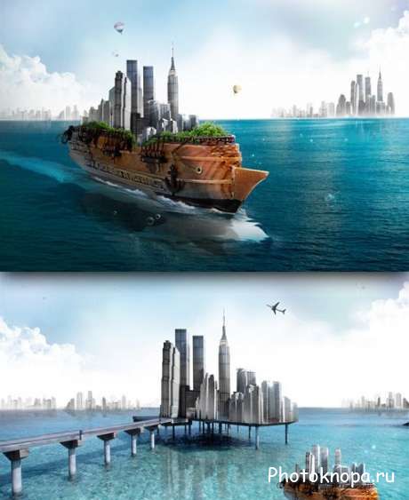 Корабль в море и город над водой - PSD шаблон для фотошопа