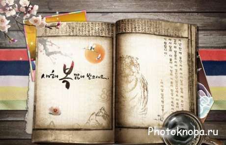 Старая книга с китайскими иероглифами и буквами - PSD шаблон фотошоп