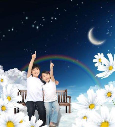 Дети сидят на лавочке вечером под луной и звездами - PSD шаблон для фотошоп ...