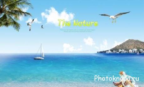 Море, чайки, пальмы, яхта, пляж - PSD исходник для фотошопа