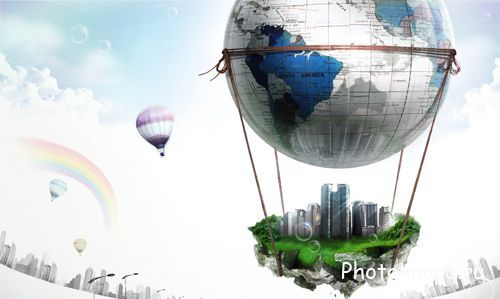 Воздушный шар над зеленым островом - PSD исходник для фотошопа