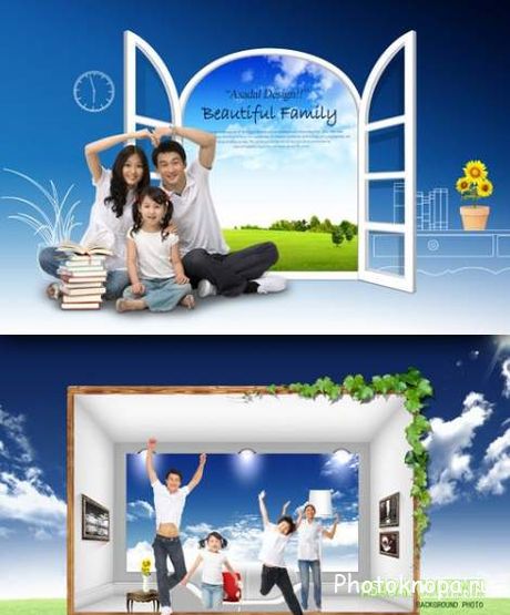 Семья, природа, дети, окно и дом - PSD исходник для фотошопа