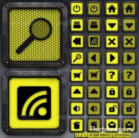 Желтые кнопки с черными рисунками для сайта - PSD исходник для фотошопа