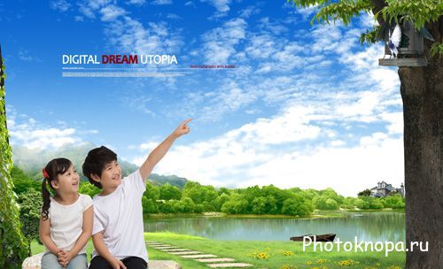 Озеро в парке и дети - PSD исходник для фотошопа