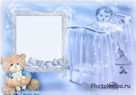 Детская рамка для фото - Голубая с плюшевым мишкой