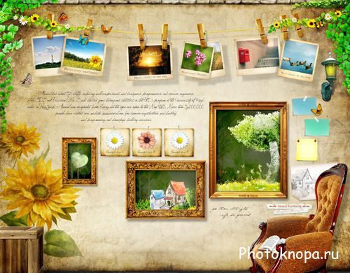 Картины на стене, фотографии на прищепках - PSD клипарт для фотошопа