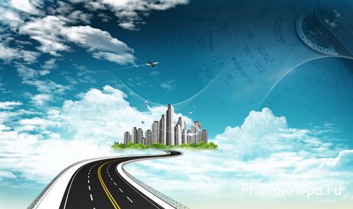 Дорога в город в облаках под небом - PSD шаблон для фотошопа
