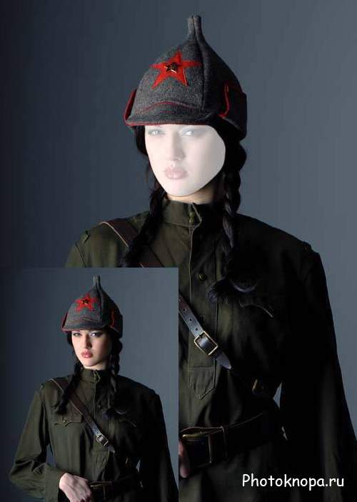 Шаблон для фотошопа - Девушка в шапке будёновке с красной звездой