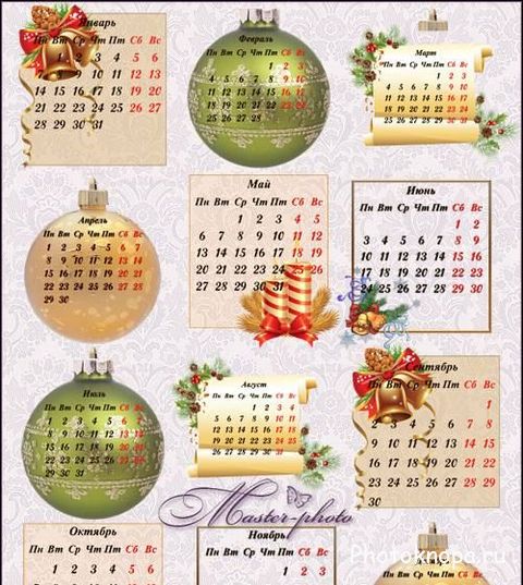 Новогодняя календарная сетка для фотошопа на 2013 год