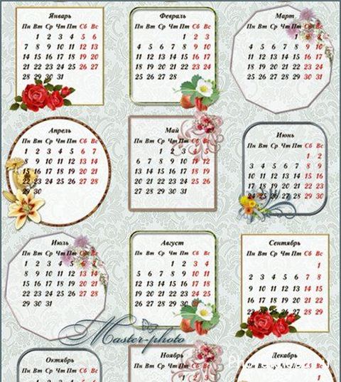 Русские календарные сетки для фотошопа на 2013 год