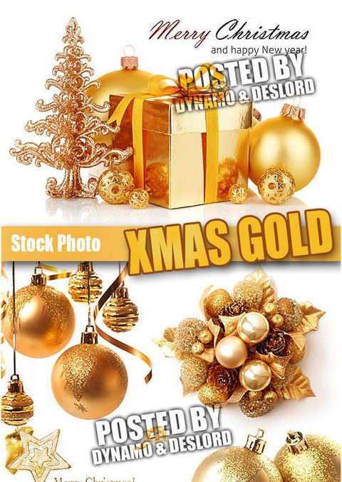 Новогодние украшения и подарки золотого цвета - растровые картинки