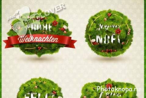 Рождественские венки и гирлянды из елочных веток - векторный клипарт Рождественские венки и гирлянды из елочных веток - векторный клипарт