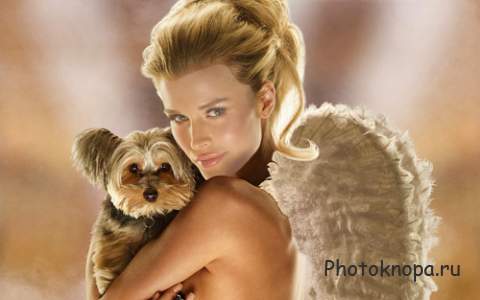Шаблон женский - Блондинка с крыльями ангела и собакой