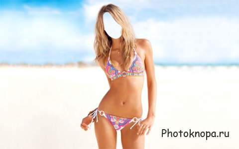  Женский шаблон - Стройна девушка в купальнике на пляже 