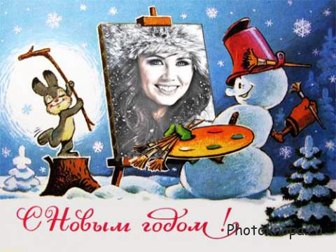 Рамка для фотошопа - Новогодний снеговик рисует Вас на холсте
