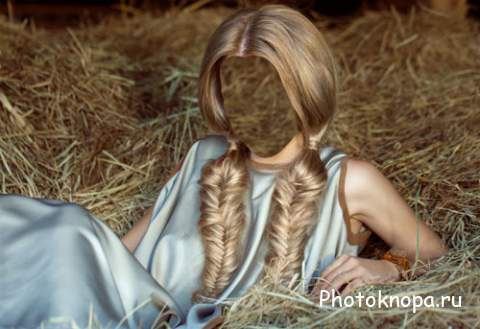 Шаблон psd женский - Блондинка с большими косами лежит на сене