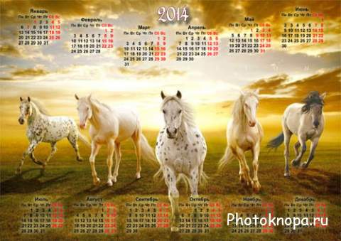 Календарь на 2014 год - Пять бегущих красивых лошадей