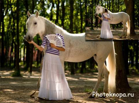 Женский шаблон - Фото с веером рядом с лошадью
