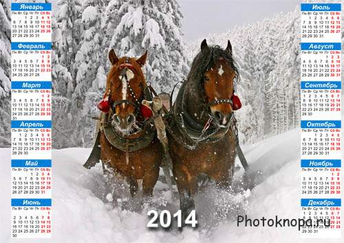 Календарь - Две красивых лошади зимой в лесу