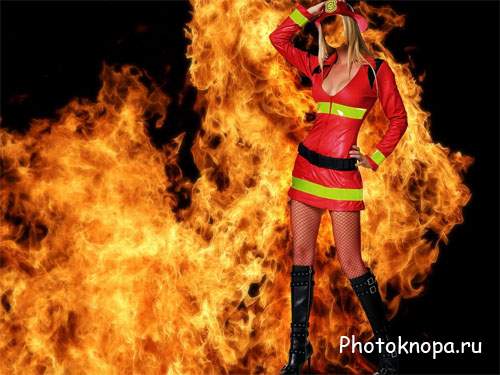 Девушка пожарник на фоне огня - женский шаблон