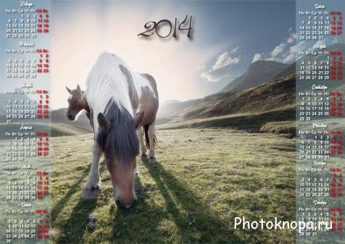 Кони пасутся на зеленой лужайке - календарь 2014 года