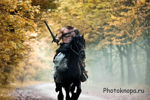 Шаблон для Photoshop - Неустрашимый воин с мечом на лошади