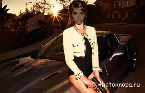 Женский шаблон - У авто на закате с пистолетом Женский шаблон - У авто на закате с пистолетом