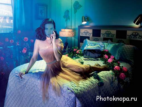 Женский шаблон - Девушка на кровати в романтической комнате