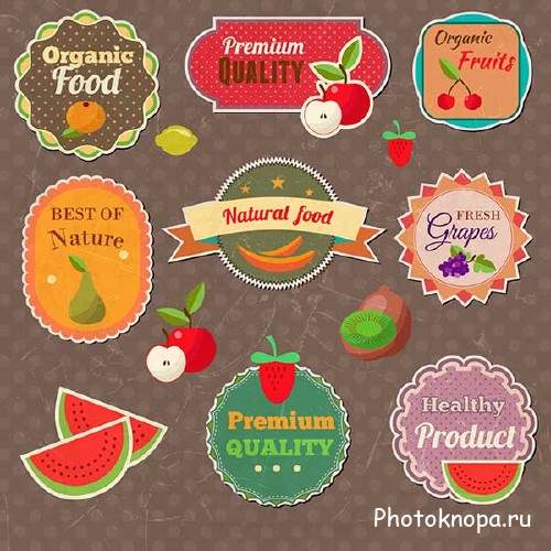 Набор векторных стикеров и ярлыков с фруктами