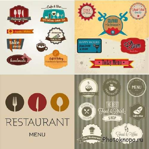 Векторные атрибуты и логотипы для ресторана