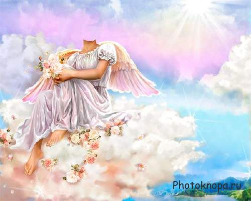  Photoshop шаблон - Ангелок сидя на облаке с цветочками 