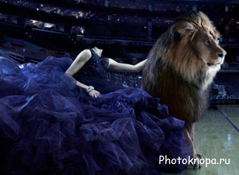 Женский шаблон - Девушка в красивом наряде со львом