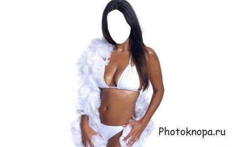 Шаблон psd женский - Девушка в белом купальнике с перьями