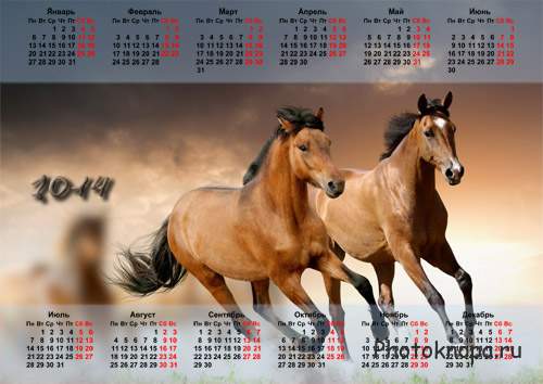 Пара бегущих красивых лошадей - календарь на 2014 год