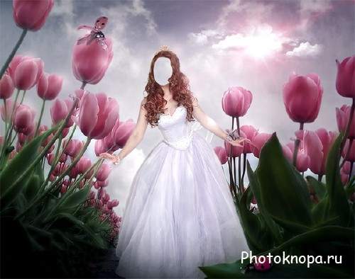  Шаблон для Photoshop - В белом платье среди тюльпанов 